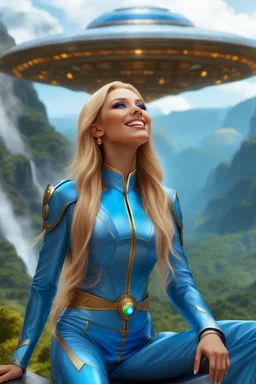cosmic woman smile, admiral from the future, galactic confédération, fine whole face, crystalline skin, expressive blue eyes,rainbow, smiling lips, very nice smile, costume pleiadian, Beautiful tall woman pleiadian Galactic commander, ship, perfect datailed golden galactic suit, high rank, long blond hair, hand whit five perfect detailed finger, amazing big blue eyes, smilling mouth, high drfinition lips, cosmic happiness, bright colors, blue, pink, gold, jewels, realist, high,rainbows