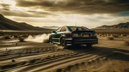 Capture a cinematic wide-angle shot featuring a black and rusty 1998 Honda Civic racing through a post-apocalyptic desert road during a sandstorm. Embrace a post-apocalyptic photography style for a realistic yet dramatic atmosphere, emphasizing the importance of achieving a cinematic look. Depict the resilient Honda Civic in this transformed world, navigating the harsh desert conditions and swirling sandstorm with speed and intensity, showcasing the car in a front view for maximum impact.