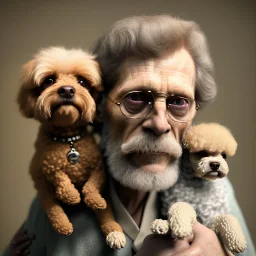 Portrait of an aristocratic old man holding a toy poodle in his arms, he looks like Willem dafoe, 8k, HD, cinematography, photorealistic, Cinematic, Color Grading, Ultra-Wide Angle, Depth of Field, hyper-detailed, beautifully color-coded, insane details, intricate details, beautifully color graded, Cinematic, Color Grading, Editorial Photography, Depth of Field, DOF, Tilt Blur, White Balance, 32k, Super-Resolution, Megapixel, ProPhoto RGB, VR, Halfrear Lighting, Backlight, Na