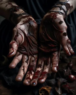 a woman's palms of her hands with dried and caked on blood all over them