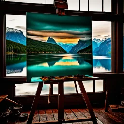 Long shot of an 18th century painter painting on an easel in nature taken from behind, in the background of a fjord in Norway with turquoise water, forested mountains reflected in the fjord, cloudy sky, sunset time, hyperrealistic shot, wide lens, 24K