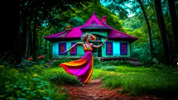 slim nymph dancing in a woodland clearing, with a woodland house behind her. vibrant colour