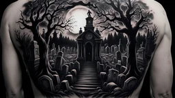 A creepy cemetery scene tattooed onto a human back in black and white tattoo ink on a black background, high contrast, detailed, intricate, perfect lighting.