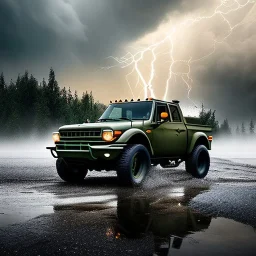 stylized photorealistic shot, military truck, monotone color palette, sharp focus, puddle reflec1tion, tire mud splashes, refraction, mist on the horizon, thunder and lightning, overcast shadow, detailed and intricate, cinematic composition, 8k, micro, tilt shift photography, bokeh, anamorphic lens