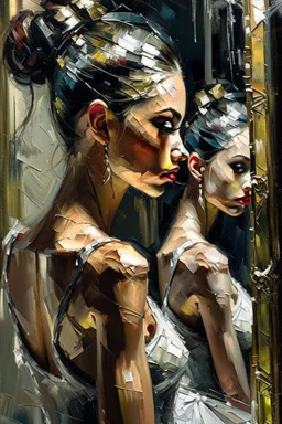 a beautiful ballerina, in a studio, Infront of a mirror, side profile with eyes looking slightly Down, her reflection in the mirror is however looking straight at her and not looking down, scary, dark undertone, 12k, detailed painting, thick impasto and textures with rough brush strokes, chaos background with cracked paint, peeling off