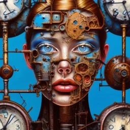 an abstract painting of rusted clocks, by lucian freud, rust, scaffolding, iron cladding, decay, mixed media, textured, anatomically correct, beautiful woman perfect face, blue eyes, sharp focus, highly detailed