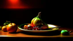 Grapes. Dishes. Oranges. Wood table.