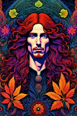 Gwilym Pugh, 3D embossed textured ethereal image; midnight hues, extreme colors, long-haired freckled redhead model Gwilym Pugh; trippin', psychedelic, groovy, art nouveau; indica, sativa, leaves, gig poster art, macabre, eldritch, bizarre, extreme neon colors, mixed media, velvet, paisley, embroidered, blacklight, uv