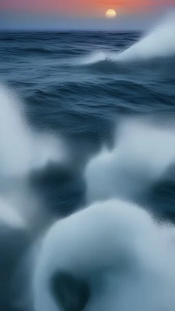 Exhilarating | Subject: A geometrically perfect formation of breaking wave crests, their foamy white edges stark against the deep blue ocean | Timing: Late afternoon, as the sun begins to dip towards the horizon | Lens: Wide-angle | Lighting Conditions: The warm, golden light of the setting sun casting a radiant glow on the waves, creating intricate patterns of light and shadow | Style: Fusion of dynamic natural beauty and abstract geometry | Colors: The vibrant blues of the ocean contrasted bea