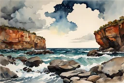 Clouds, rocks, cliffs, rocky land, sci-fi and fantasy, beyond and trascendent, 90's sci-fi movies influence, winslow homer watercolor paintings