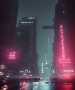 circular white moon, 3D, beautiful, light reflecting, empty city, midnight, rainy night, neon, cyberpunk, person