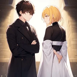 anime,ballancing scale, couple is standing back to back, female is wearing white dress and has yellow hair, male is wearing black coat with dark brown hair, man is tall, woman is short