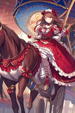 Ragazza vestita in stile Lolita rosso che cavalca un cavallo del Carosello, disegnata in stile Tahra Art