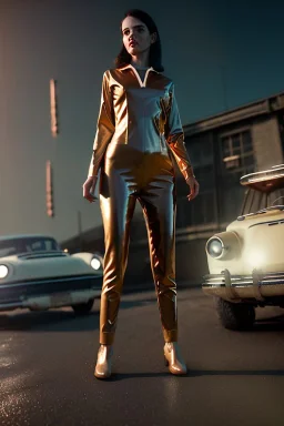 Ultra Realistic retro sci-fi, 1960 year, levitating all cars, young woman quiet, latex suit, soft color, highly detailed, unreal engine 5, ray tracing, RTX, lumen lighting, ultra detail, volumetric lighting, 3d, finely drawn, high definition, high resolution.