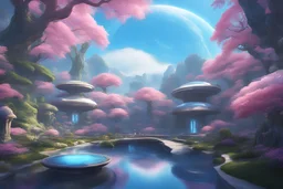 ((galactic angels)) coming from space, blue and pink lights, sunny atmosphere, concept art, smooth, extremely sharp detail, futuristic crystal dome in the japonese garden on another planet, vessels, green plants, flowers, big trees blue sky, pink, blue, yellow soft lights, waterfall, finely tuned detail, cinematic smooth, intricate detail, futuristic style ultra high definition, 8 k, unreal engine 5, ultra sha