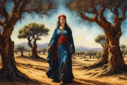 create a classical-abstract-realist sci-fi fantasy full body portrait aquatint of a nomadic tribal shepherdess with highly defined facial features, amidst ancient Andalusian olive trees, in the style of Donato Giancola, Hans Memling, Titian, and Caravaggio, 8k, highly detailed, otherworldly , fantastic, vibrant colors