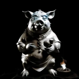 a statuette of a unholy pig-man cult greyscale photo