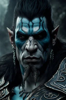 portrait of an orc king with pale skin. scar running across one eye. Tribal Tattoos Dark hair and ice blue eyes. His look is sad. Half of his head is shaved. wearing jewellery. High resolution. 4K. 8K. Dark Fantasy style. Cave in the background