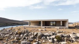 A single-family home inspired by the architecture of Álvaro Siza Vieira, situated in a rocky landscape next to a peaceful river. Designed with minimalist design principles, it blends into the rugged terrain with a balance of geometric shapes and natural surroundings.