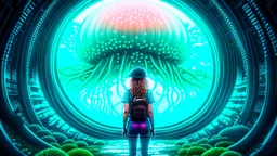 woman standing inside the interior of a ruined alien spaceship, with a circular window, overrun with mushrooms with jellyfish tentacles