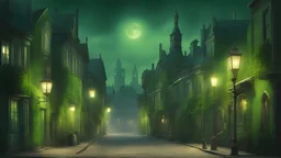 старинный фантастический город , домики увиты зеленью. вечер, фонари на улицах,
