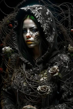 a beautiful and mysterious gothic woman entangled in wire and roses, hoody, dark and gothic lighting, ultra realistic and highly detailed, explosive background, epic, striking messy art style, cracked sealant surface and heavy textures , extremely beautiful