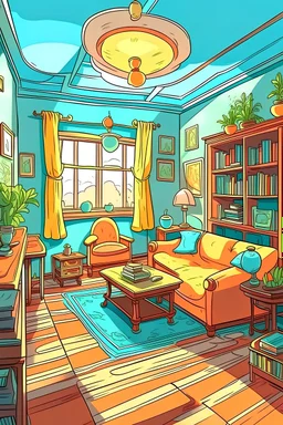 Sitting room, cartoon style, thick lines, vivid details, --ar 9:11