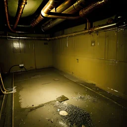 Unsettling room, cellar basement, pipes, signs, empty, an obscene presence, liminalcore, distressful, anguish, painful, horror movie, liquid, bad photography