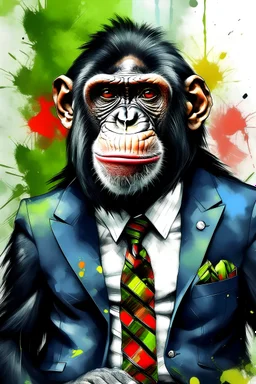 Portrait of a chimpanzee wearing blazer suit and island king Kong by Goshen watercolors painting design background--ar---17:55