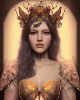 upper bust portrait, the queen of butterflies, corset, intricate metal work flower crown, butterfly wings on back, flower tattoos, 8k resolution concept art, dynamic lighting, intricately detailed, hyperdetailed, beautiful, ethereal, elegant, golden hour, (butterfly), gothic