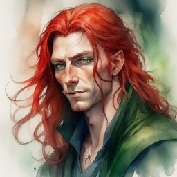 dnd, fantasy, watercolour, large strokes, stylistic, portrait, illustration, dull colours, male, face, narrow long face, weathered face, green eyes, determined, smiling, red hair, very long hair streaming down the shoulders, radiating light, five o'clock shadow, elegant, realistic