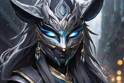 kindred with her mask in 8k anime realistic drawing style, ronin custom , close picture, rain, apocalypse, intricate details, highly detailed, high details, detailed portrait, masterpiece,ultra detailed, ultra quality