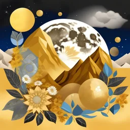 Crear un cuadro geometrizado con el sol y la luna sobre unas rocas y flores con un fondo dorado.