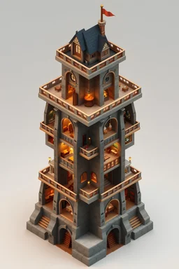 low poly 3D simple middle age fairy magic fantasy isometric tower with many similar floors, with different room interiors on each floor