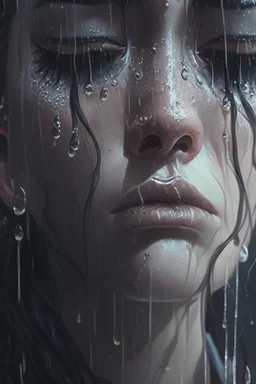 Tears are streaming down my face as I stand amidst the gentle droplets of the silvery symphony falling from the heavens above, Emotional, Dark, Highly detailed, Sharp focus, Moody lighting, Artstation, by loish and sakimichan and artgerm, Concept art, Matte, Realistic, with a hint of surrealism.