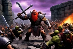(photo of a movie by Ray Harryhausen) Chaotic battle scene during Dwarven defense against Orcs. Gritty, muscle-bound Dwarven warrior with red-beard swinging an axe into an Orc helm, intense rage expression. in the Background: a crowd of attacking Orcs and one tall armored Troll. Tall fortified Wall. Dark, turbulent, psychedelic sky with purple and deep green clouds, lightning flashes. Setting is mountain fortress, ground is muddy chaos. Smoke plumes and firelight from burning warmachines cast d