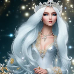 Ice Princess with white hair smilling, a crown with precious stones, bright background