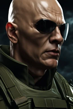 portrait of a 40 year old evil soldier. sneering expression, bald, photorealistic, 4k