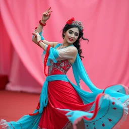 lady in azeri dance custum change clothing color to cyan and red fullbody shot