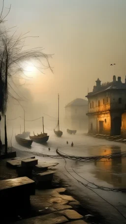 Qaitbay Citadel in Alexandria, fishermen’s boats anchored around it, fishermen putting fishing nets on their boats, fog covering the place, the moment the sun rises