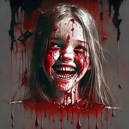 girl smiling, creepy, dripping blood, shattered glass,