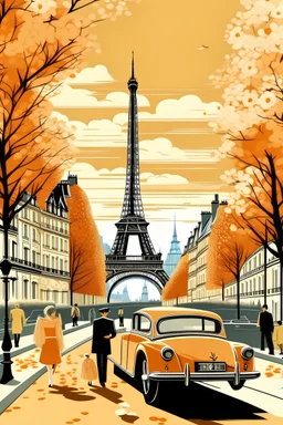 generate Paris skyline florist women arrose flowers street with a man and son car color Peach and mustard iffel tower