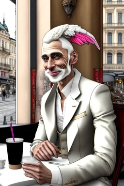 One single mature rich cockatoo with expensive clothes, sitting in a café on the street, Vienna, laughing, colour, model style, hyper realistic, extremely accurate, delicate, extremely detailed, Graphic novel style, wide-angle, open aperture, superfine pencil