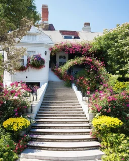 A White House with FlowerAdorned Sweeping Staircase.