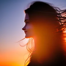 Silhouette of the head of a young lady with long flowing hair in a slight breeze. At sunset in Czech nature.