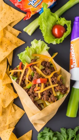 "Taco in a Bag" which consists of an open Doritos chip bag containing Doritos chips and cooked ground beef and lettuce and shredded cheese and tomato pepper and onions and more nacho chips, food blogger photography