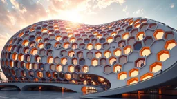 A sprawling structure with a shell-like, curved exterior made of cutting-edge, solar-absorbing materials. The building features an array of hexagonal windows that maximize natural light and provide a futuristic, honeycomb aesthetic. Award-winning photograph, beautiful composition, exquisite detail and illumination, geometric perfection