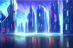 Futuristic cyberpunk buildings, galaxy, impressionism influence, realistic painting