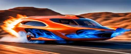 award winning car and driver photograph of a futuristic station wagon designed by only one vehicle per image painted metallic orange traveling at a high rate of speed, jet intake off of front center of vehicle and jet exhaust out the rear with bright blue flame, bilaterally symetrical, more a high speed road vehicle