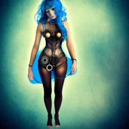 steampunk, body, woman, rendering, blue hair, electric circuits, steam, torn crown, highlights